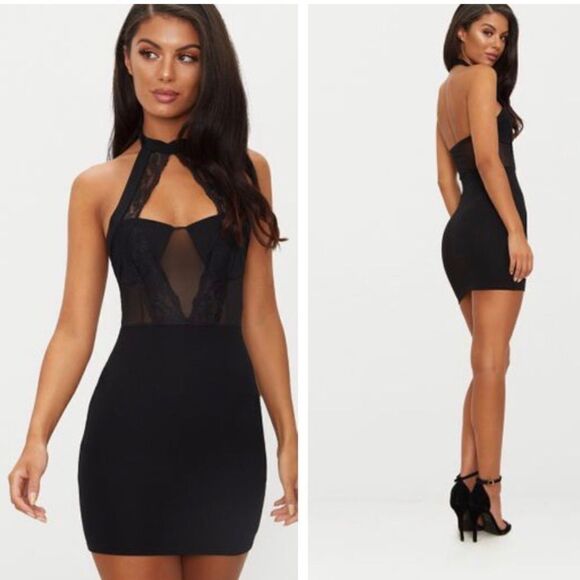 NWT-Black Lace Trim High Neck Sheer Top Bodycon Dress - Picture 1 of 11